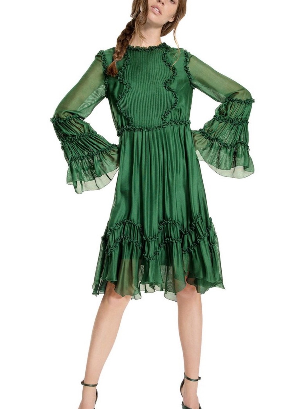 Leon Max Limited Edition Green Silk Long Bell Sleeve Ruffle Dress Size 2 NWOT